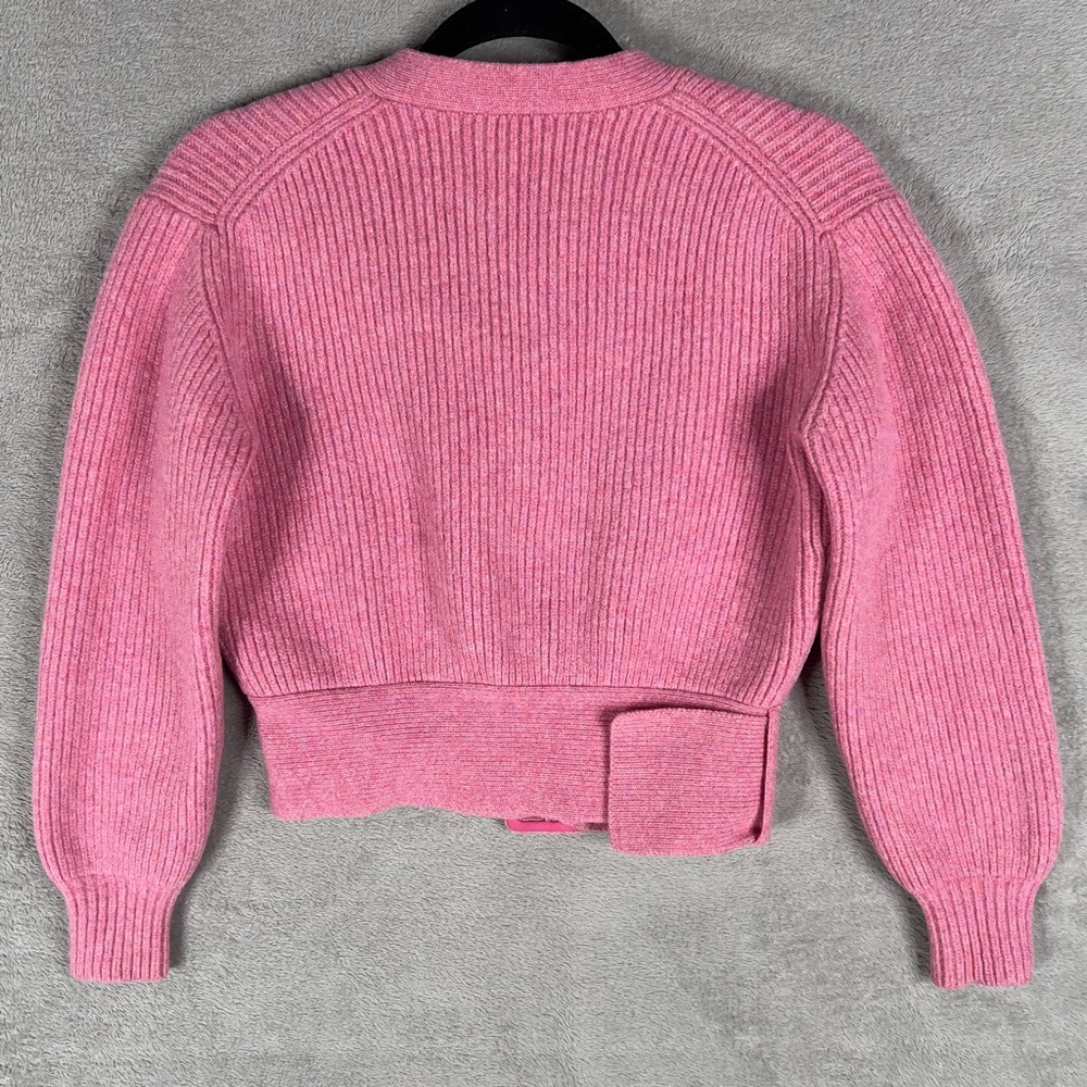 Victoria Beckham Belted Rib-Knit Wool‎ Cardigan Women's Size 2 Pink Sweater - Picture 7 of 11